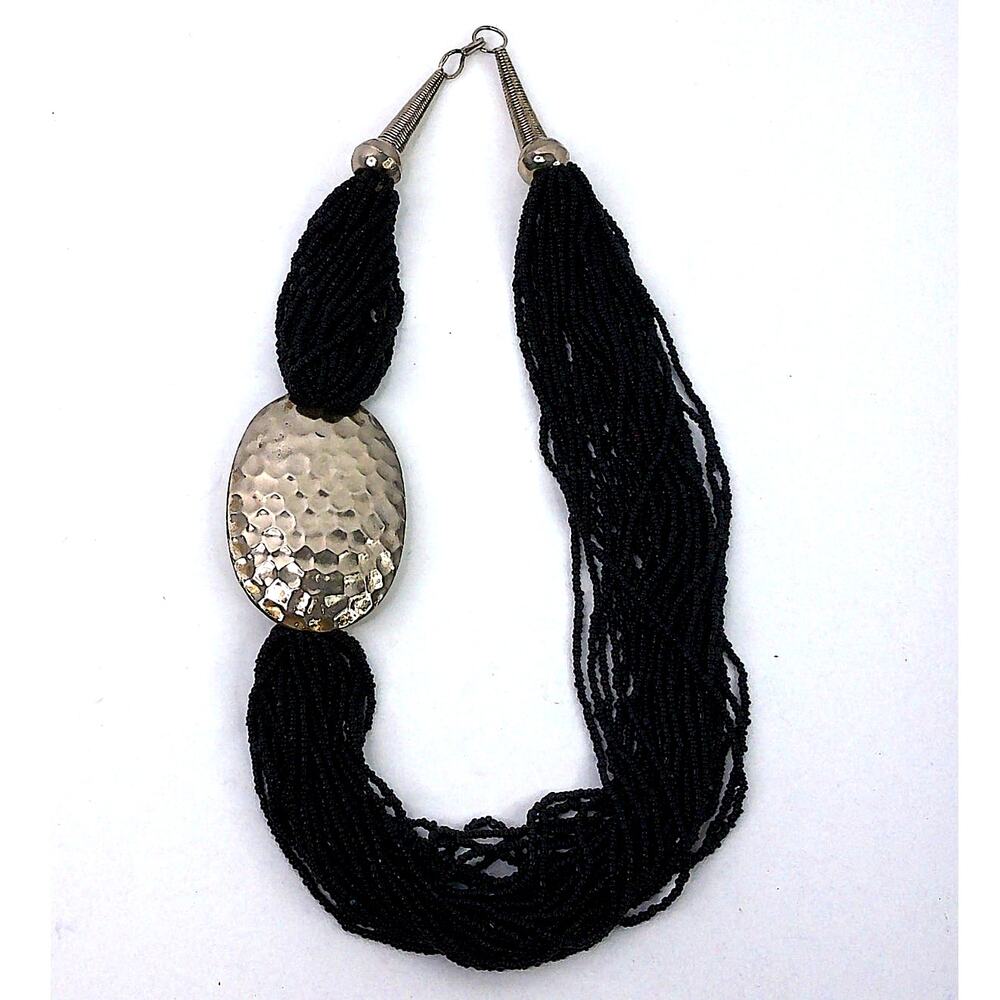 Multi-Strand Black Seed Bead Choker Necklace with Hammered Silver Pendant